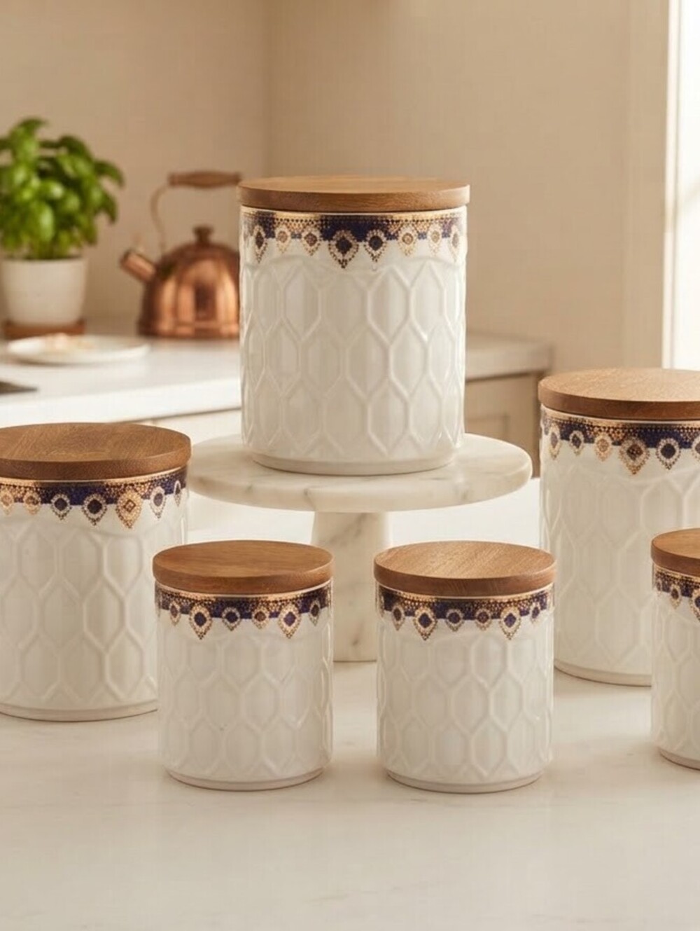 Vogati 6-Piece Ceramic ornate Canister Set with Bamboo Lids